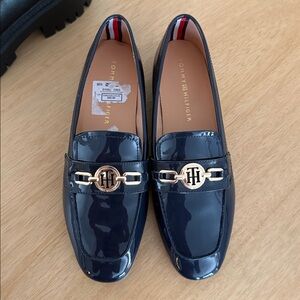 Tommy Hilfiger Glossy Blue Loafers with Gold Emblem